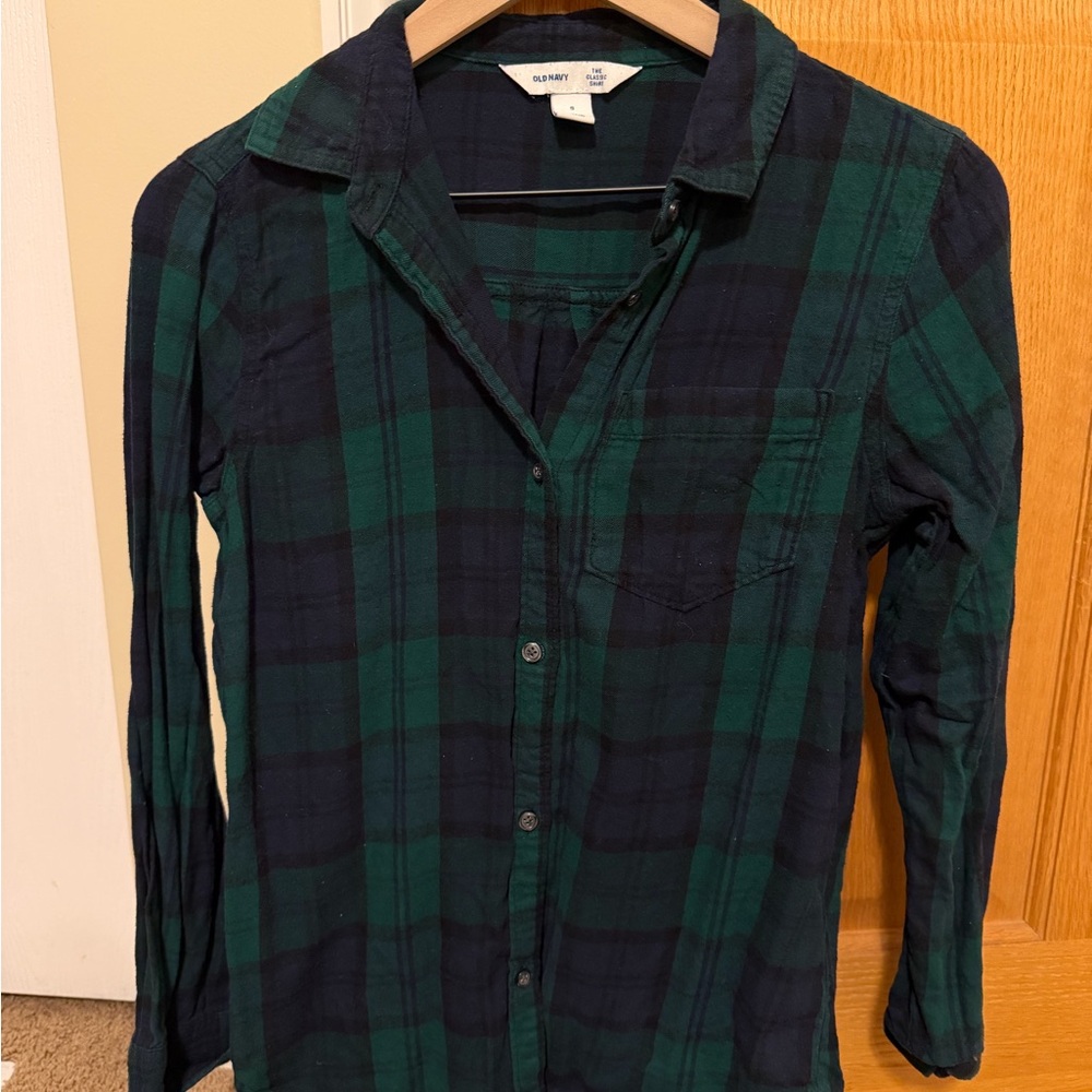 Old Navy Women's Green and Blue Plaid Button Down Shirt